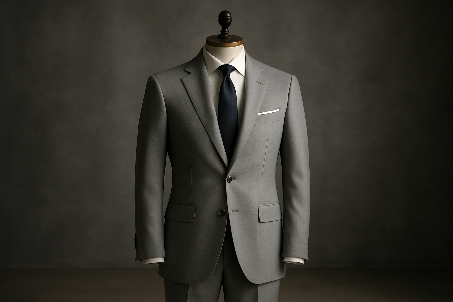 A bespoke suit on a mannequin in the atelier