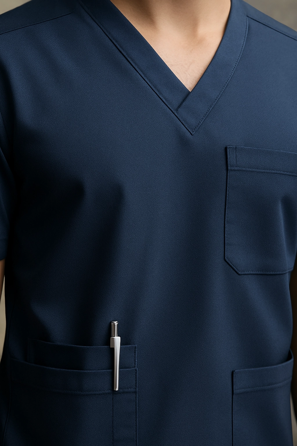Close-up of medical uniform detail and fabric performance