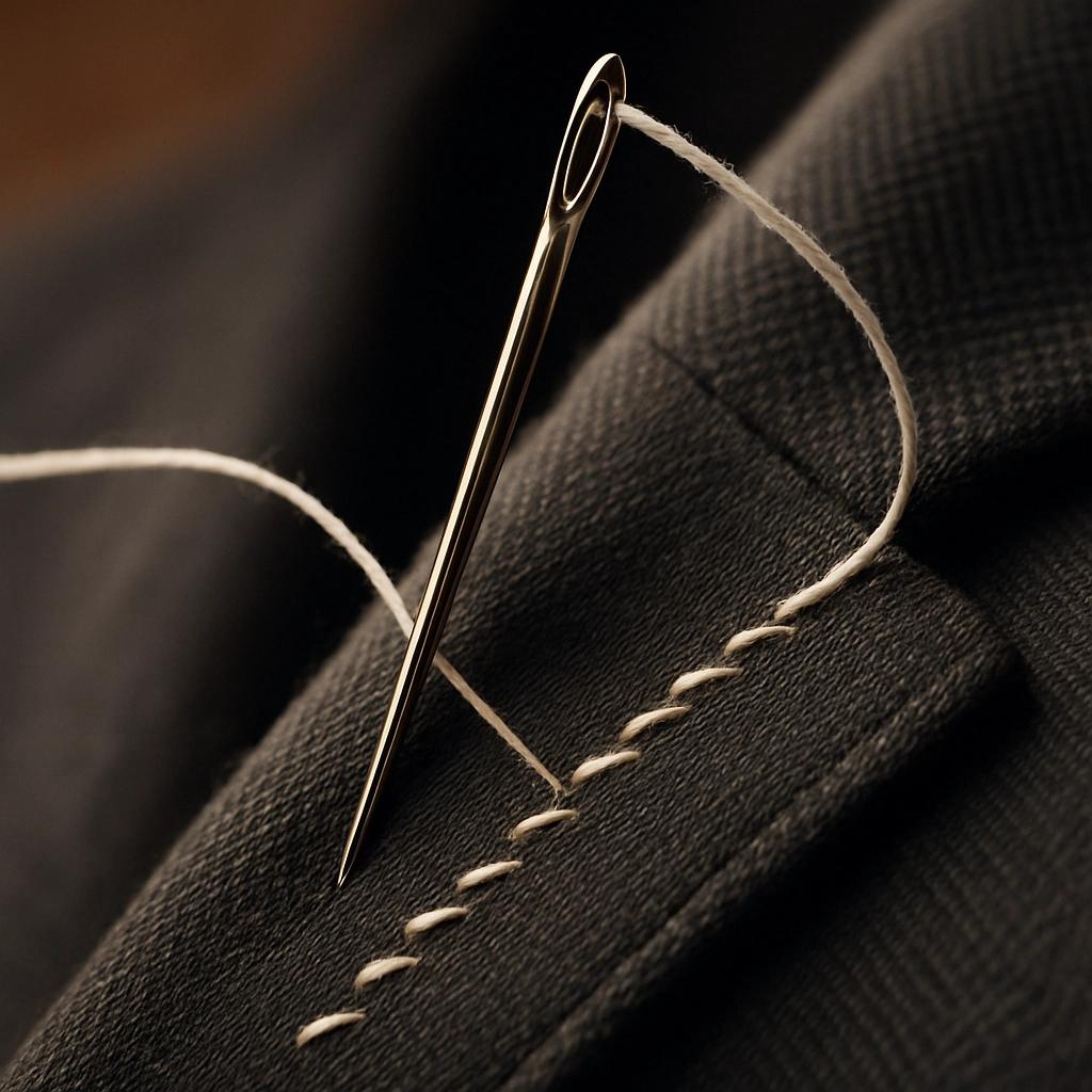 Close-up of hand stitching in bespoke tailoring