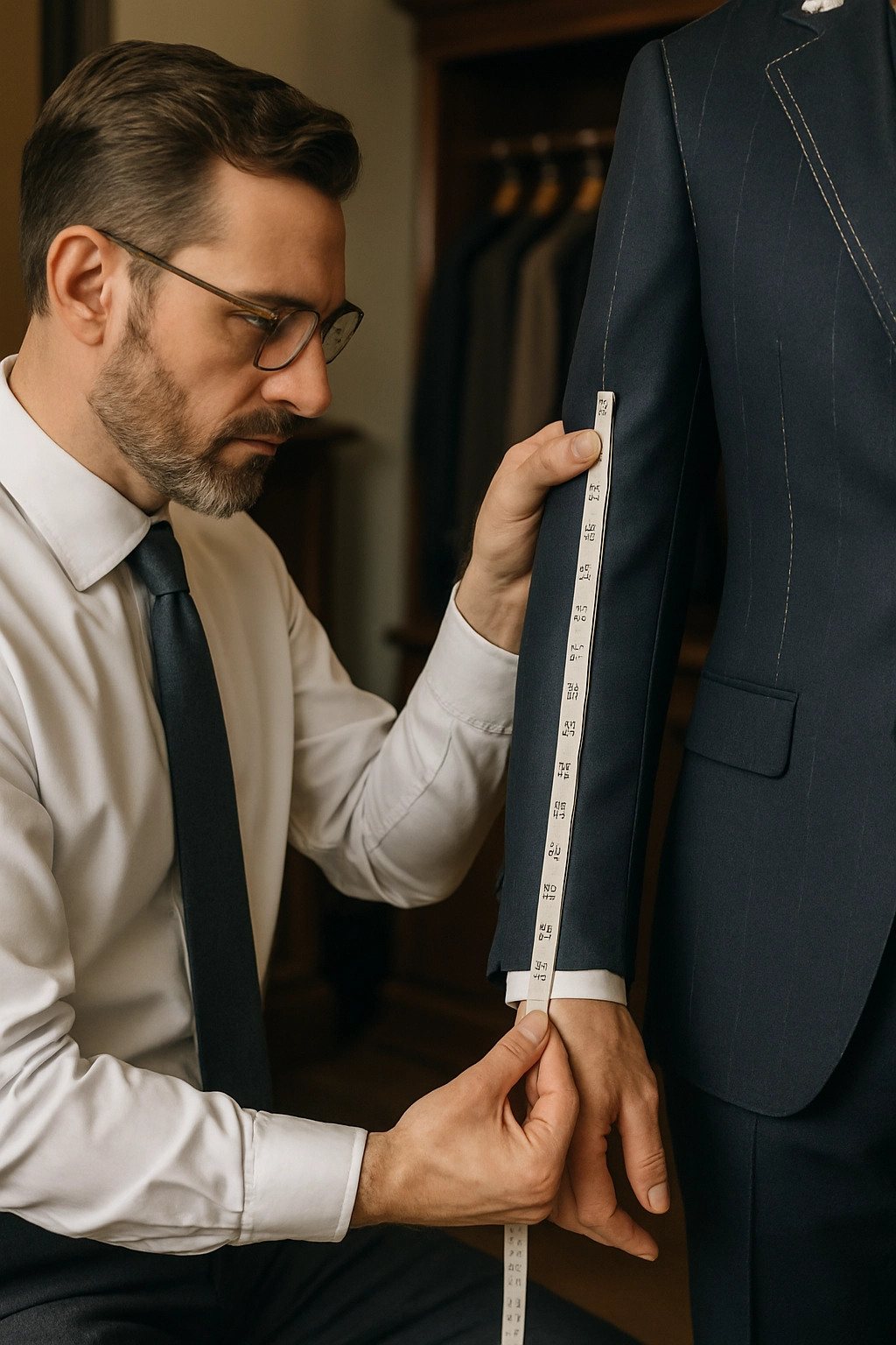 Tailor measuring a client for a bespoke fitting