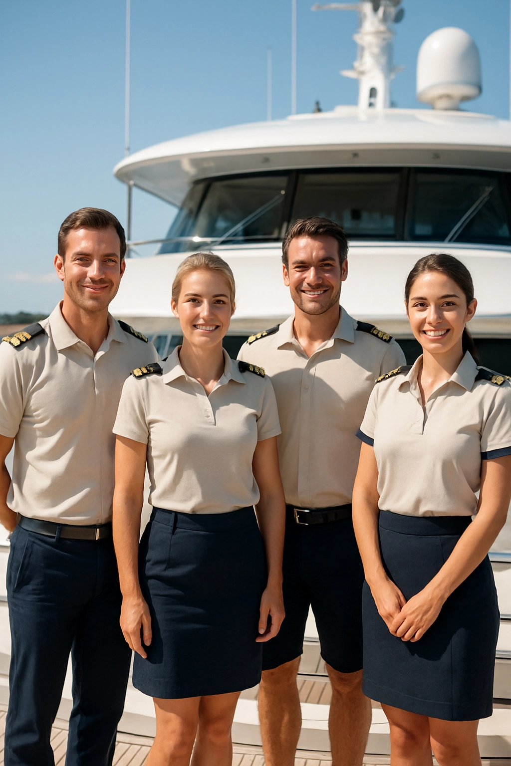 Yacht crew on deck in coordinated apparel